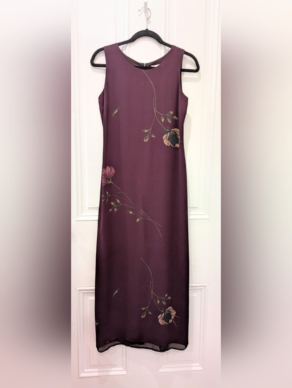 Vintage 90s Casual Corner Silk Plum Maxi Dress with Floral Vine Print | 4